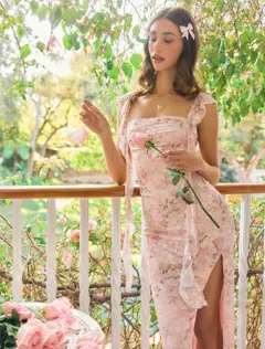 Lace Floral Ruffle Hem Split Maxi Dress