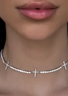 Micro Tennis Cross Necklace in White Gold