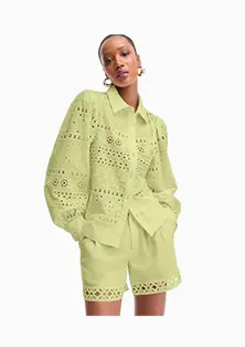 Women's Cotton Eyelet Blouson-Sleeve Blouse