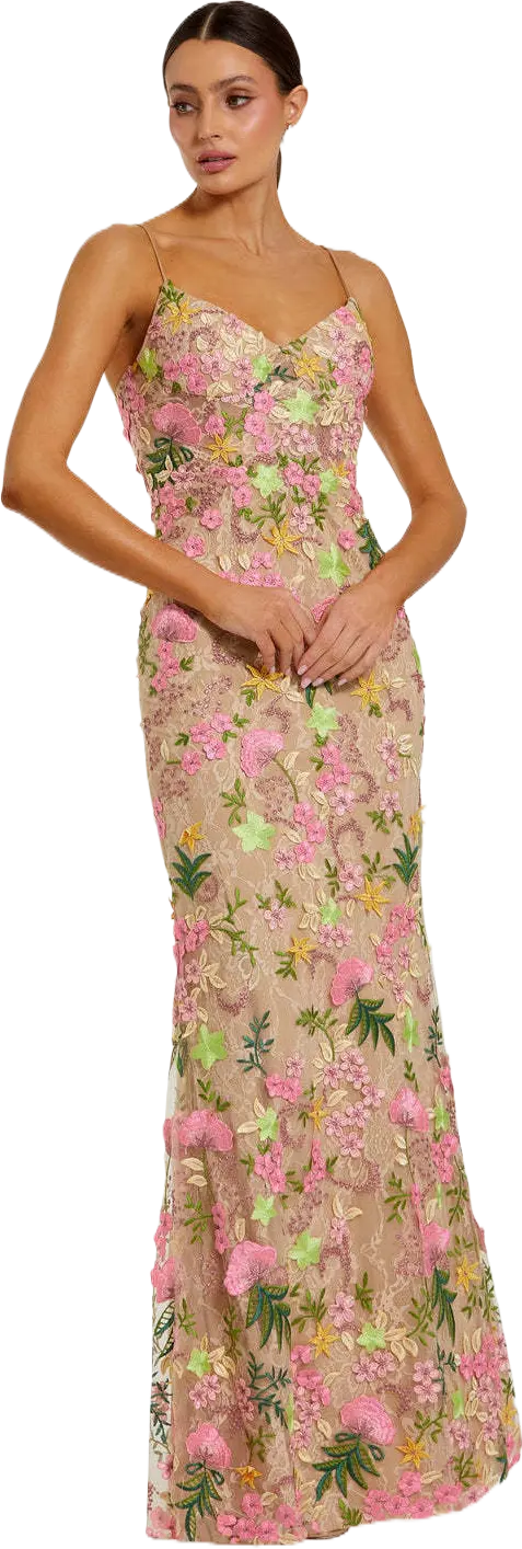 Beige Multi Floral Rhinestone Embroidered Column Gown