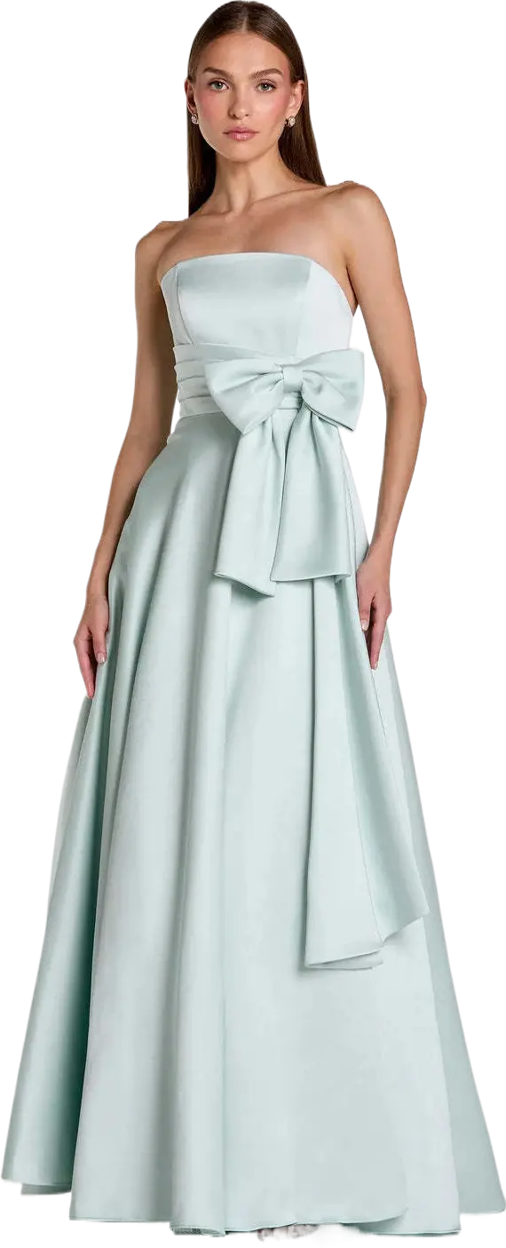 Green Strapless Satin Ball Gown with Bow Detail