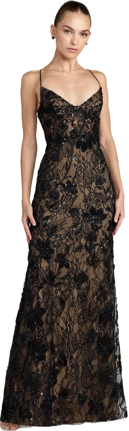 Black Sleeveless Embellished Open Back Column Gown