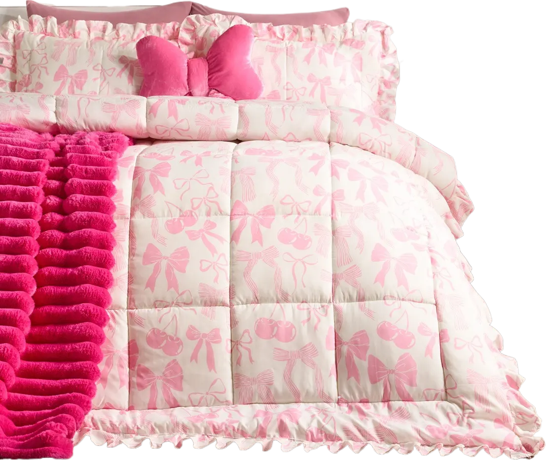 OHS Bow Print Frill Edge Coverless 7.5 Tog Duvet Set - Pink