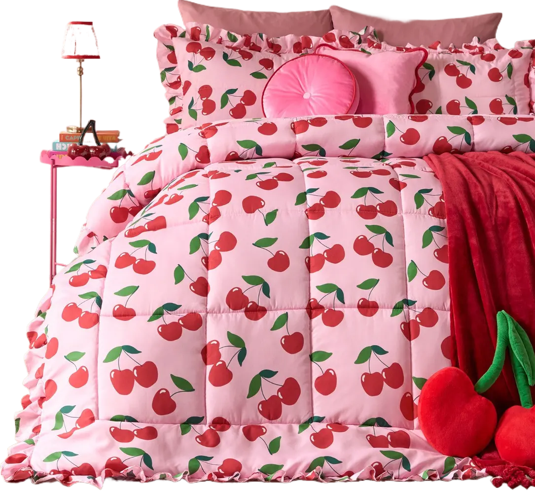 OHS Cherry Print Frill Edge Coverless 7.5 Tog Duvet Set - Pink/Red